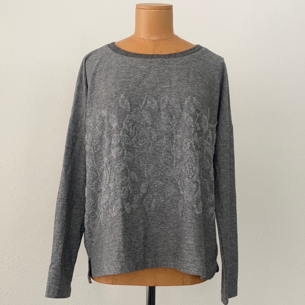 BB Dakota Heather Gray Floral Design Boxy Oversize Long Sleeve Top